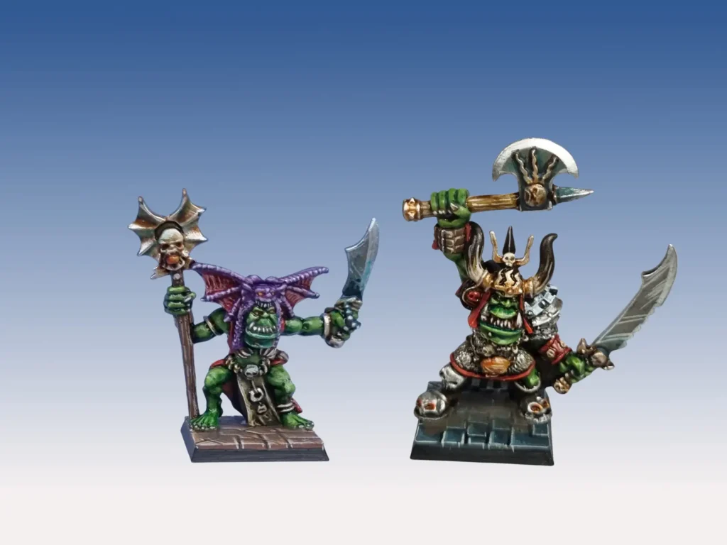 Gorgut Seigneur Orc et Skabnoze Chaman Warhammer Quest Lair of the Orc Lord - peinture oldschool cape damier et violet