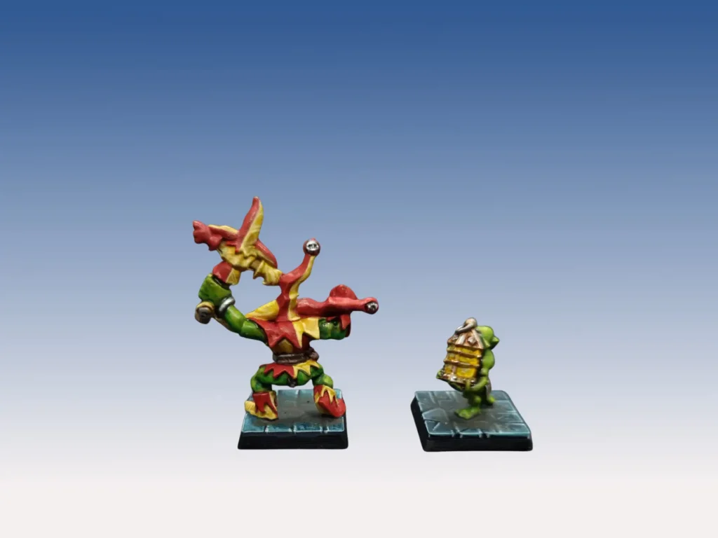 Gubbinz bouffon gobelin Warhammer Quest profil - peinture oldschool costume bicolore et petit snot